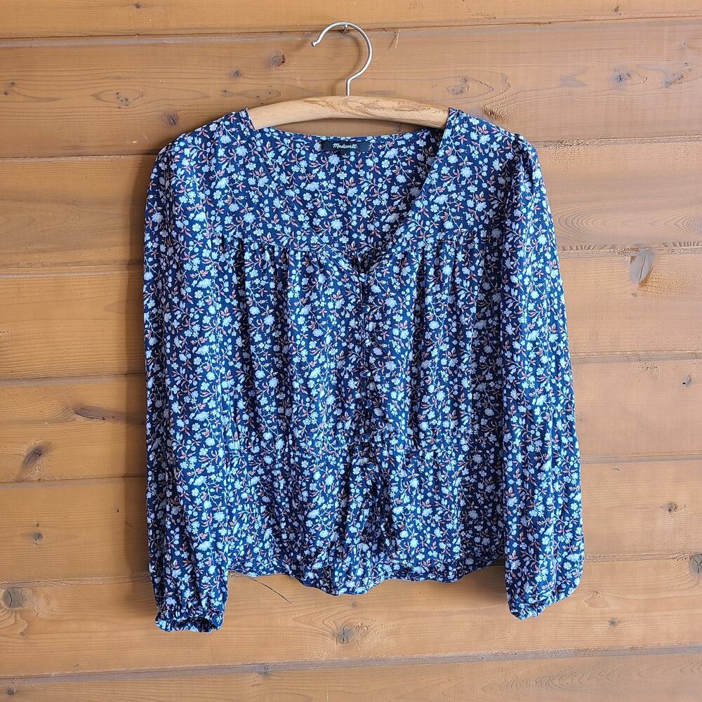Madewell Silk Button Front Peplum Top Harvest Vine Small Long Sleeve Blouse Boho - Picture 2 of 5
